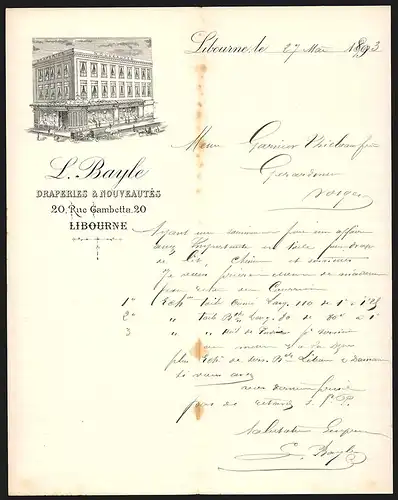 Rechnung Libourne 1893, L. Bayle Draperies & Nouveautés, Rue Gambetta 20, Ladenansicht