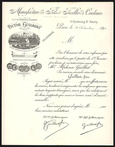 Rechnung Paris 1891, Manufacture de Fils & Ficelles de Couleurs Victor Guilbert, 55 Faubourg St. Martin, Werksansicht