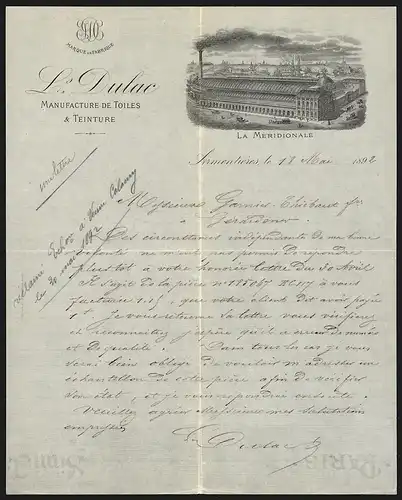 Rechnung Armentières 1892, L. Dulac Manufacture de Toiles & Teinture, Werksansicht