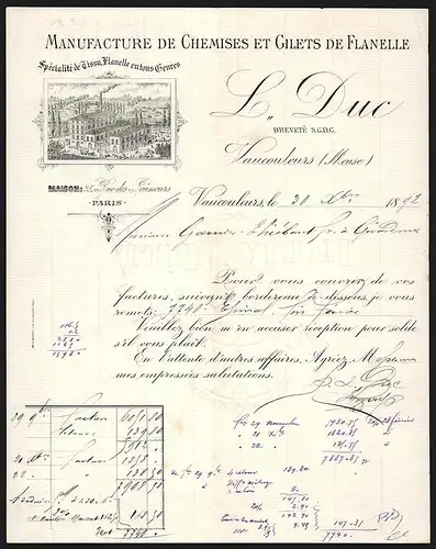 Rechnung Vaucouleurs 1892, Manufacture de Chemises et Gilets de Flanelle L. Duc, Werksansicht