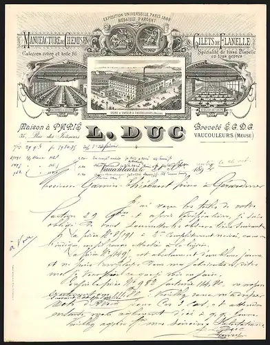 Rechnung Vaucouleurs 1892, L. Duc Manufacture de Chemises & Gilets de Flanelle, Werksansicht Innen und Aussen