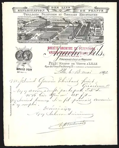 Rechnung Lille 1892, Agaches Fils Teillages, Filatures et Tissages Mécaniques, Werksansicht