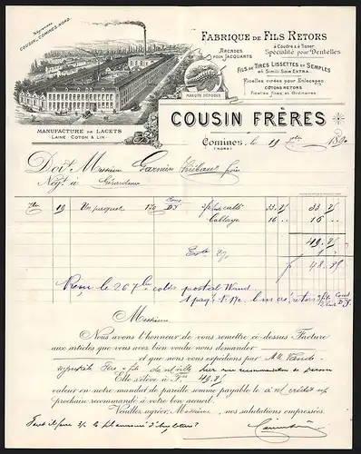 Rechnung Comines 1890, Fabrique de Fils Retors Cousin Frères, Werksansicht