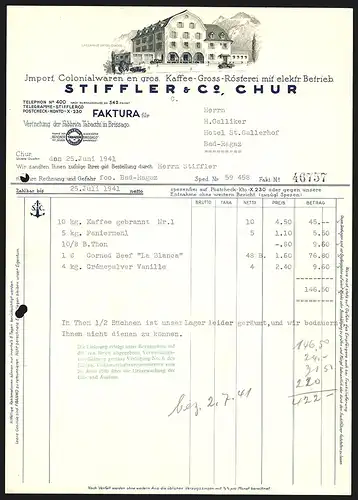 Rechnung Chur 1941, Import, Colonialwaren en gros, Kaffee-Gross-Rösterei Stiffler & Co., Lagerhaus Untere Quader