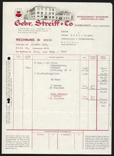 Rechnung Schwanden 1953, Gebr. Streiff + Co. Weinkellereien /Weinimport, Spirituosen en gros, Weinkellerei