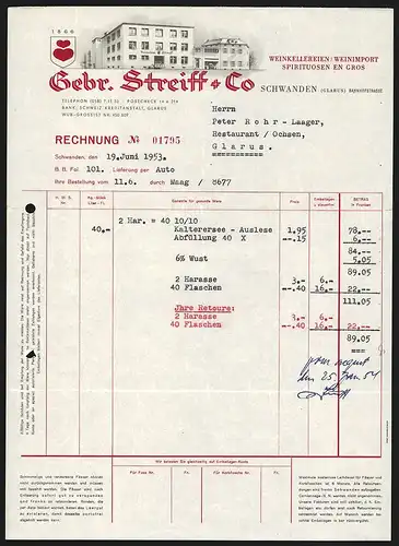 Rechnung Schwanden 1953, Gebr. Streiff + Co. Weinkellereien /Weinimport & Spirituosen en gros, Weinkeller