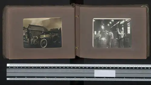Fotoalbum mit 24 Fotografien, Deutsche Soldaten in Lille, Frontgebiet, Offiziere, Auto Opel, Nordbahnhof, Giesserei