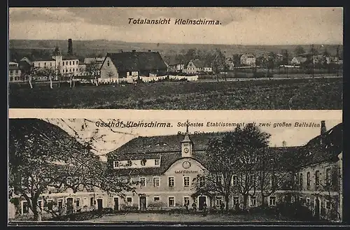 AK Kleinschirma bei Freiberg, Panorama des Ortes, Gasthof Kleinschirma Rich. Lantzsch, Frontansicht