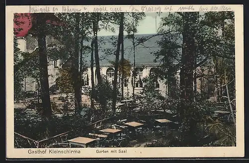 AK Kleinschirma, Gasthof, Garten mit Saal