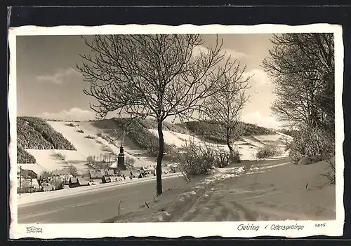 AK Geising i. Osterzgebirge, Ortsansicht gegen Hügel im tiefen Schnee