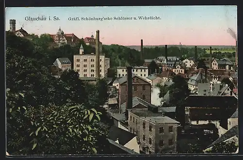 Goldfenster-AK Glauchau i. Sa., Gräfl. Schönburg`sche Schlösser und Wehrdicht mit leuchtenden Fenstern