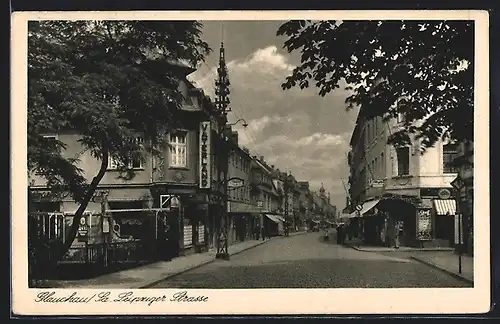 AK Glauchau, Blick in die Leipzigerstrasse, Kaffeehaus Uhlig