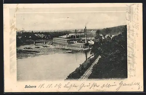 AK Golzern, Blick über Bahntrassen auf ein Fabrikgelände