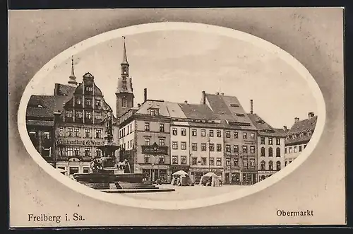 AK Freiberg / Sachsen, Strassenpartie am Obermarkt in ovalem Rahmen