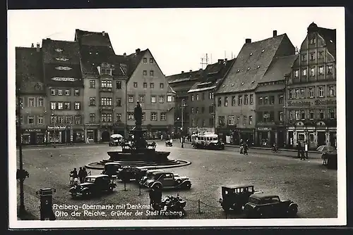 AK Freiberg / Sachsen, Strasse am Obermarkt mit Denkmal Otto der Reiche