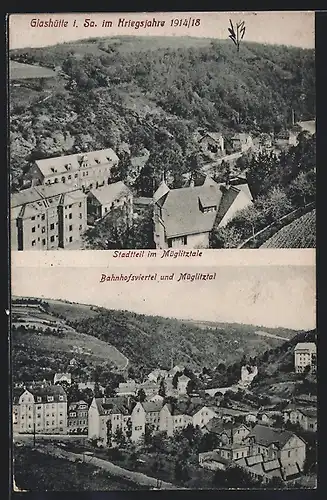 AK Glashütte /Sa., Stadtteil und Bahnhofsviertel im Müglitztal, Kriegsjahr 1914/18