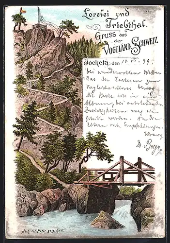 Lithographie Jocketa i. V., Lorelei und Triebthal, mit Wanderpfad und Brücke