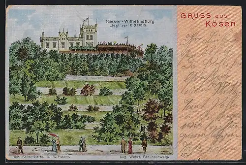 Seiden-Imitations-AK Kösen, Gasthof Kaiser-Wilhelmsburg F. Seidig mit Park und Strasse