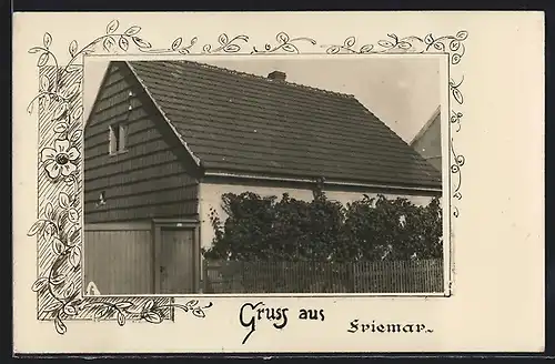 Foto-AK Friemar, Wohnhaus mit Hofeingangs-Tor und Gartenzaun