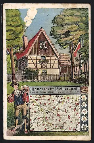 Künstler-AK Heinersgrün, Wanderheim Heinersgrün mit Wanderkarte
