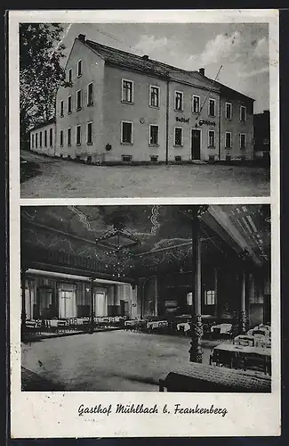 AK Mühlbach / Frankenberg, Gasthof Max Kreissig mit Strasse und Saal
