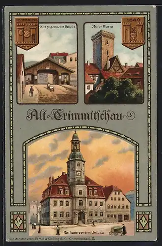 AK Crimmitschau, Partien in der Altstadt, zugemachte Brücke, roter Thurm, Rathaus