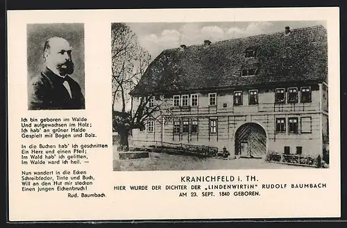 AK Kranichfeld, Geburtshaus Rudolf Baumbach, Portrait