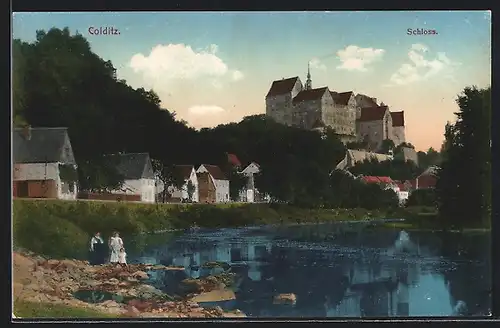 AK Colditz, Uferpartie mit Schloss