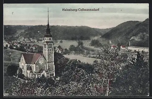 AK Hainsberg-Cossmannsdorf, Ortsansicht mit Kirche und Fluss