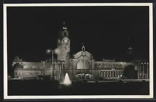 AK Wiesbaden, Hauptbahnhof bei Nacht