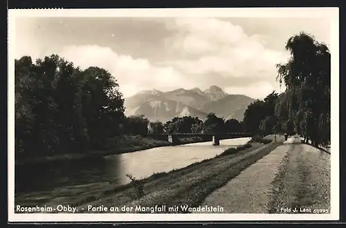 AK Rosenheim /Obb., Mangfall mit Brücke und Wendelstein