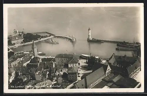 AK Lindau / Bodensee, Hafen, Bayr. Hof und Bahnhof