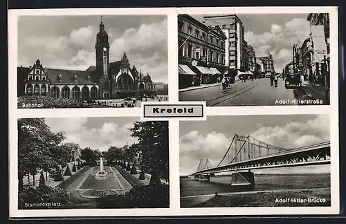 AK Krefeld, Bahnhof, Brücke und -Strasse