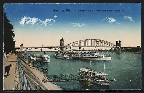 AK Bonn /Rh., Rheinbrücke mit abfahrendem Schnelldampfer