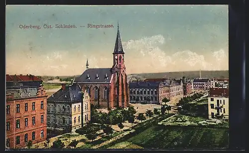 AK Oderberg /Öst. Schlesien, Ringstrasse mit Kirche