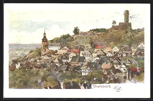 Künstler-AK Stramberk, Panorama mit Burg