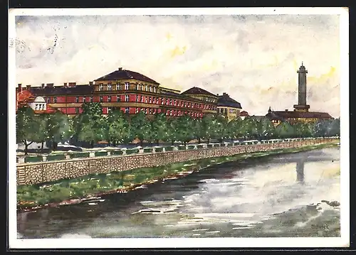 Künstler-AK Mor. Ostrava, Krajsky soud, Flusspartie