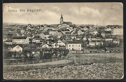 AK Wagstadt, Totalansicht der Stadt vom bestellten Felde aus