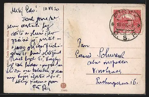 AK Písek, Teilansicht mit Kirchturm