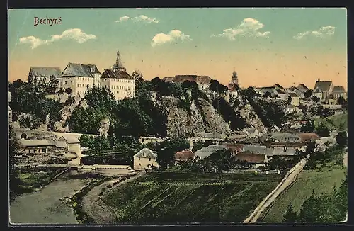 AK Bechyne, Ortsansicht mit Schloss und Flusslauf