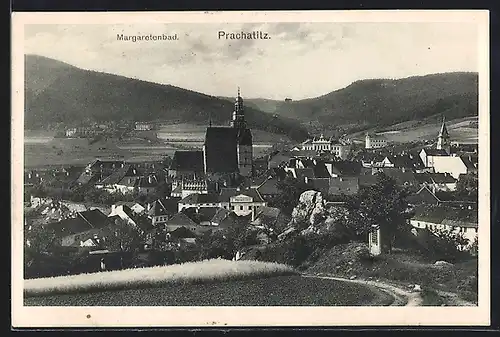 AK Prachatitz, Ortsansicht mit Margaretenbad aus der Vogelschau