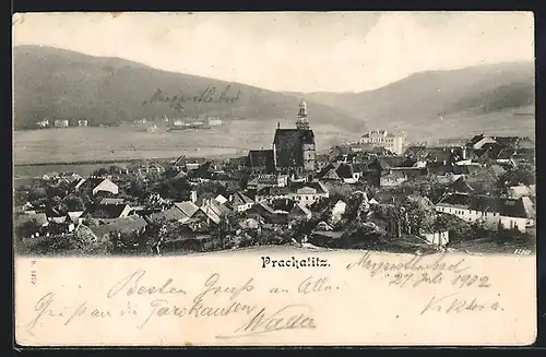 AK Prachatitz, Totalansicht mit Margaretenbad und Bergblick