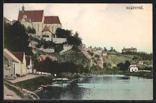 AK Bechyne, Ortspartie mit Gewässer