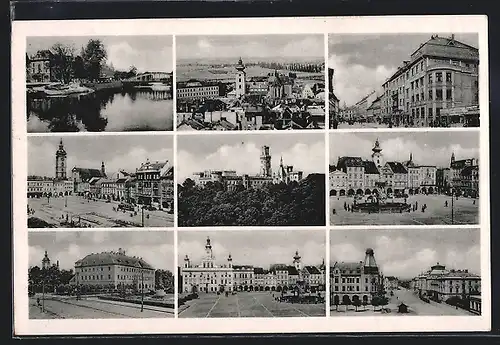 AK Budweis, Burg, Brunnen, Uferpartie