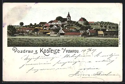 Lithographie Kostelec nad Vltavou, Teilansicht mit Kirche