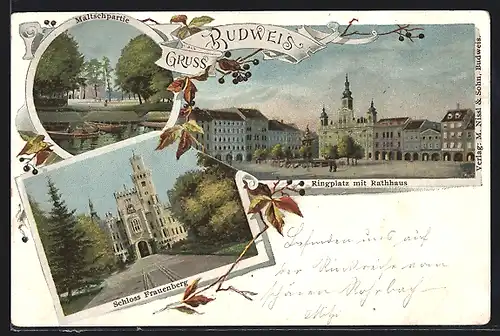 AK Budweis / Ceske Budejovice, Ringplatz mit Rathaus, Schloss Frauenberg, Maltschpartie