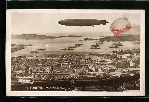 AK Toulon, Vue générale avec le dirigéable, Passage eines Zeppelins, Luftschiff über der Stadt