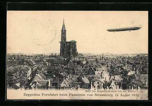 AK Strassburg, Zeppelins Fernfahrt beim Passieren der Stadt 1908