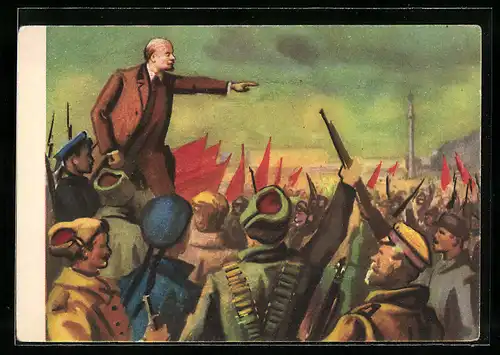 Künstler-AK Lenin hält eine Rede vor den Revolutionären und Soldaten