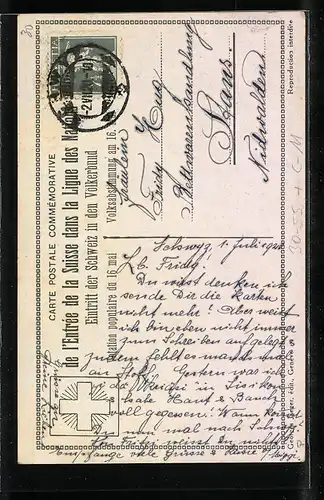 Künstler-AK Eintritt der Schweiz in den Völkerbund, Helvetia unterschreibt den Vertrag